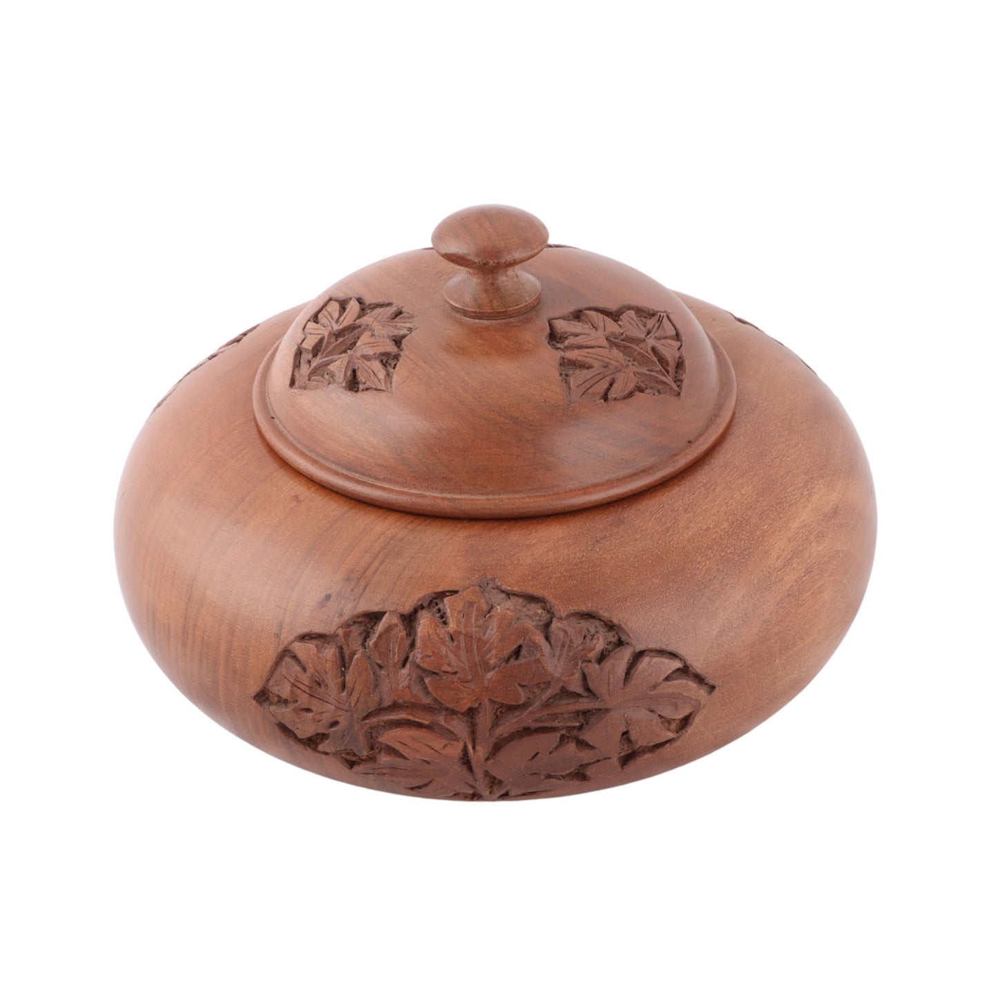 Handmade Walnut Carved Round Box with Lid (8 x 8 x 4.5 Inches)
