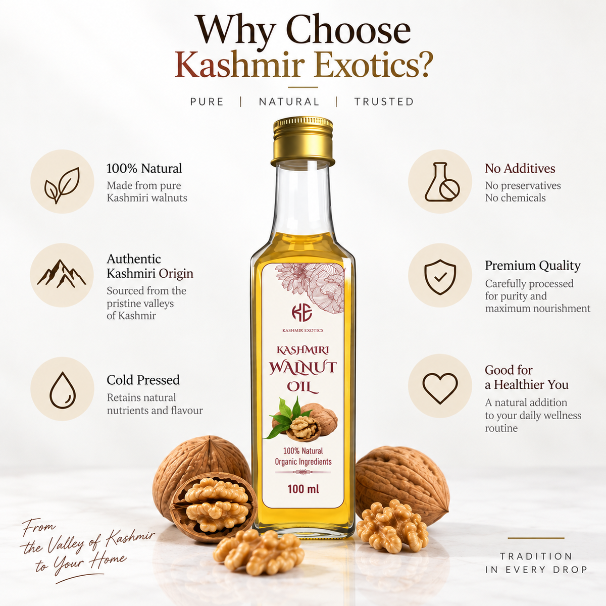 Pure Kashmiri Walnut Oil, 100% Natural, Organic Ingredients, 100 ml