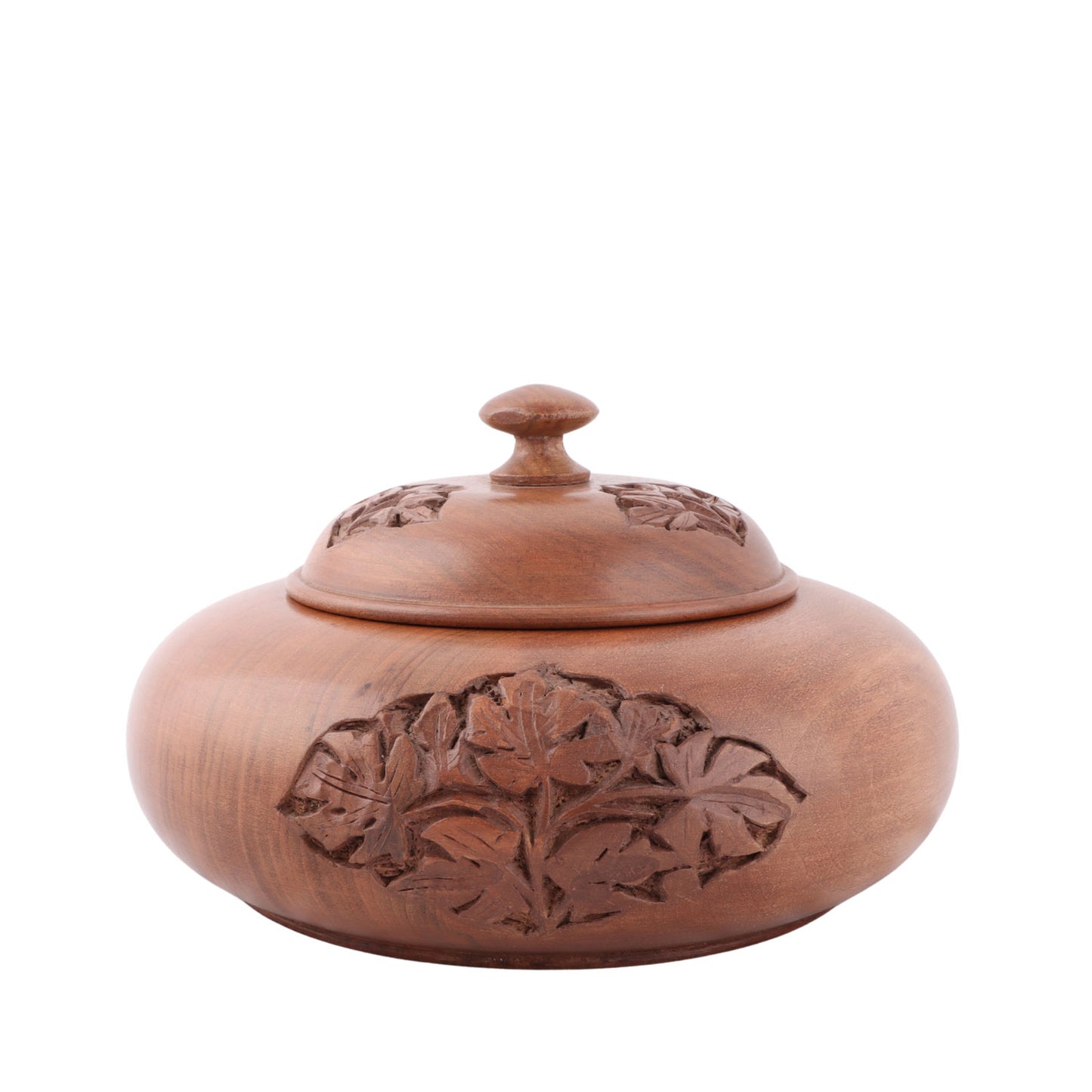 Handmade Walnut Carved Round Box with Lid (8 x 8 x 4.5 Inches)