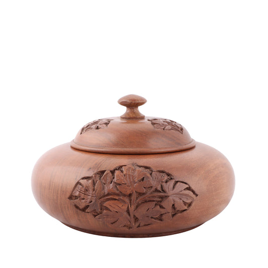 Handmade Walnut Carved Round Box with Lid (8 x 8 x 4.5 Inches)