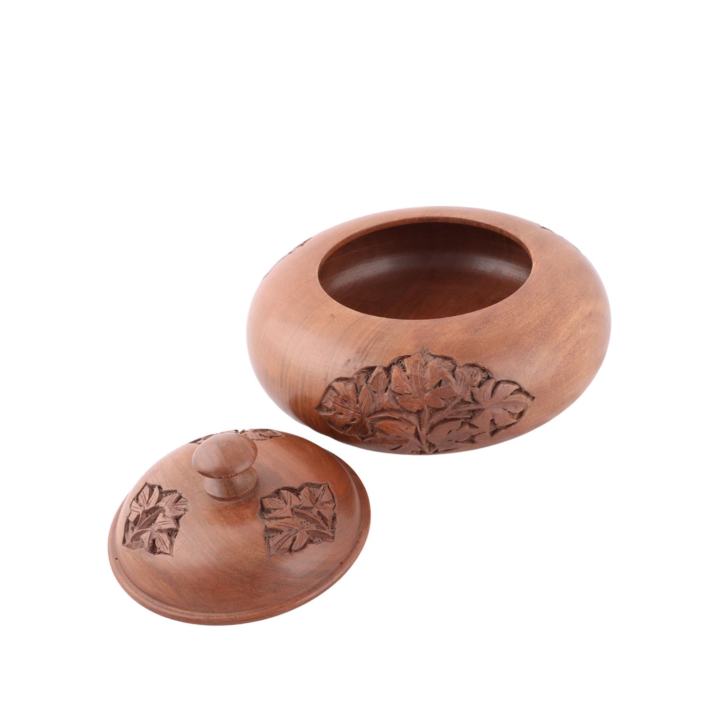 Handmade Walnut Carved Round Box with Lid (8 x 8 x 4.5 Inches)