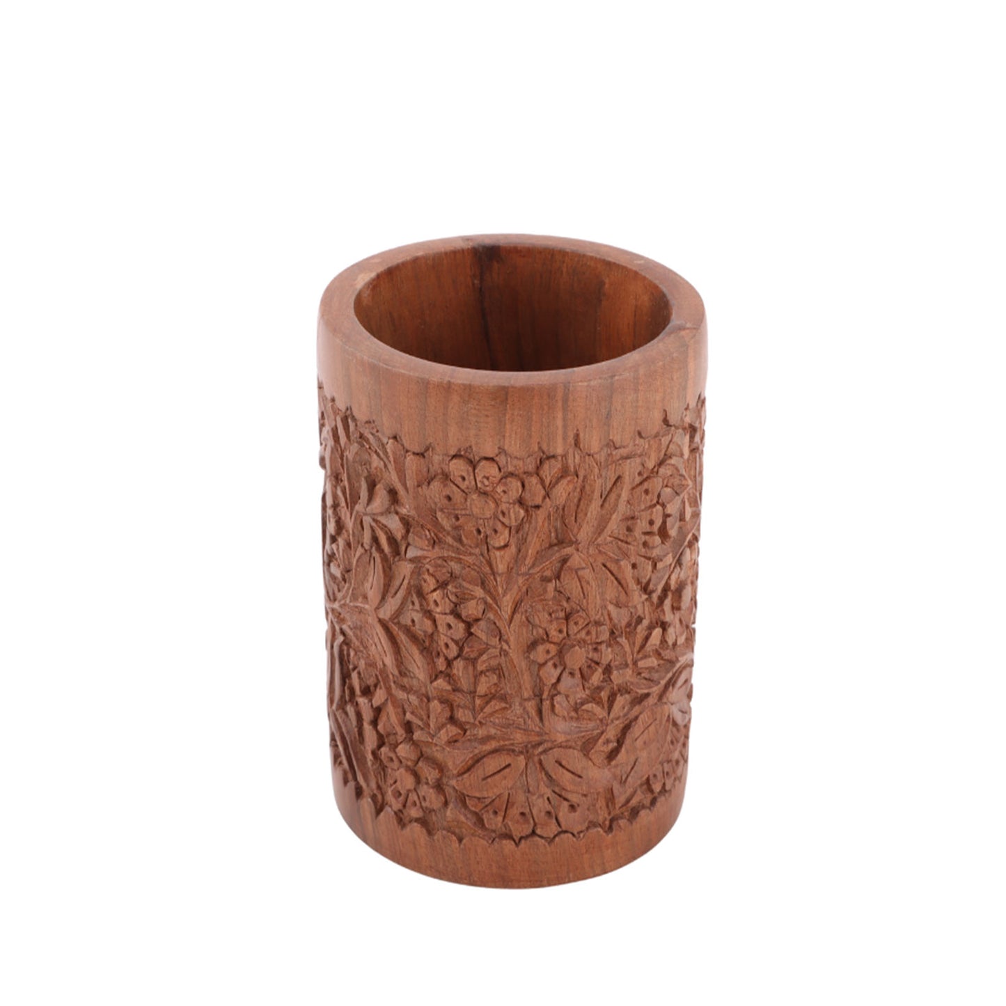 Kashmiri Walnut Hand-Carved Pen Stand (3 x 3 x 4 Inches)