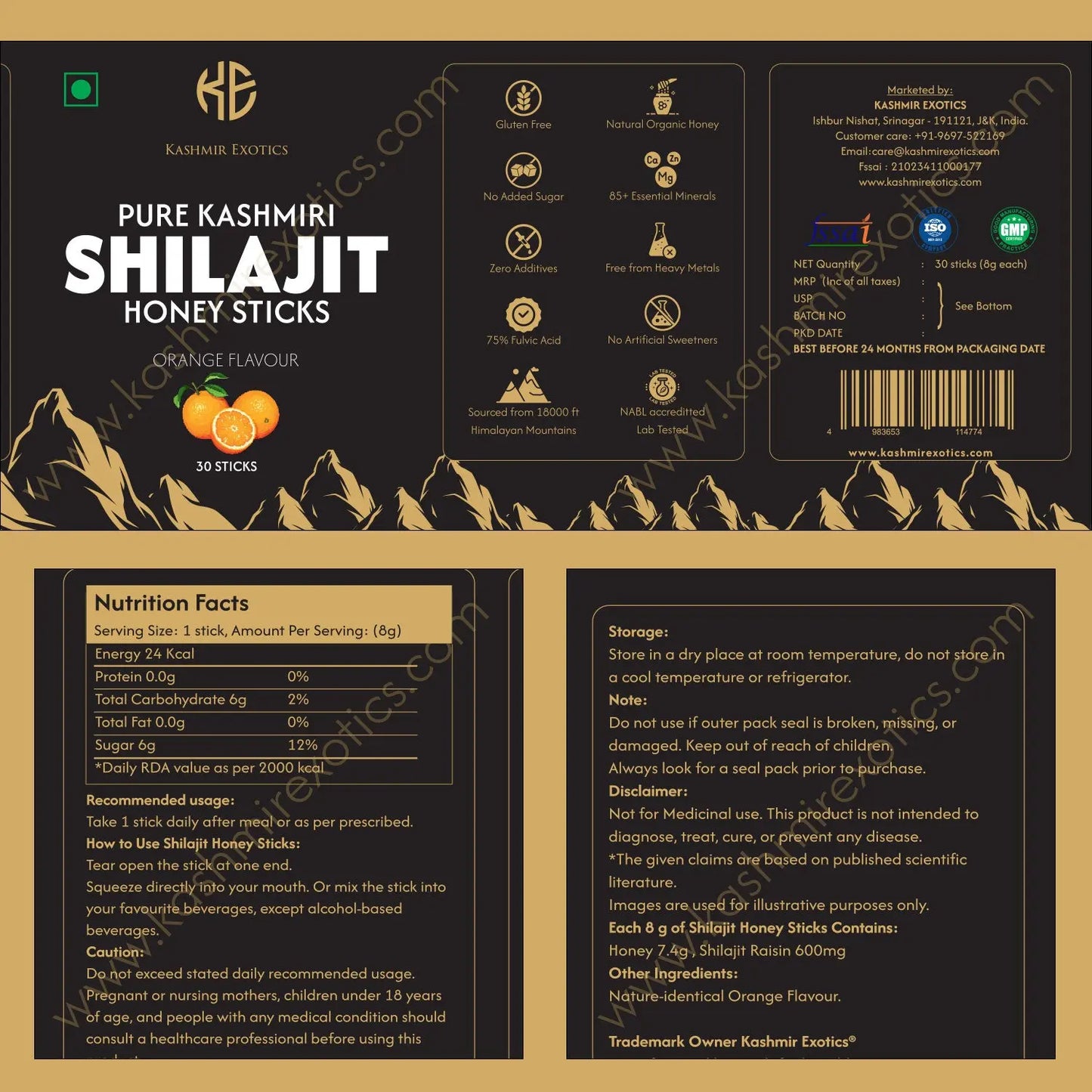 Pure Kashmiri Shilajit Honey stick Orange flavour (30 sticks) Kashmir Exotics