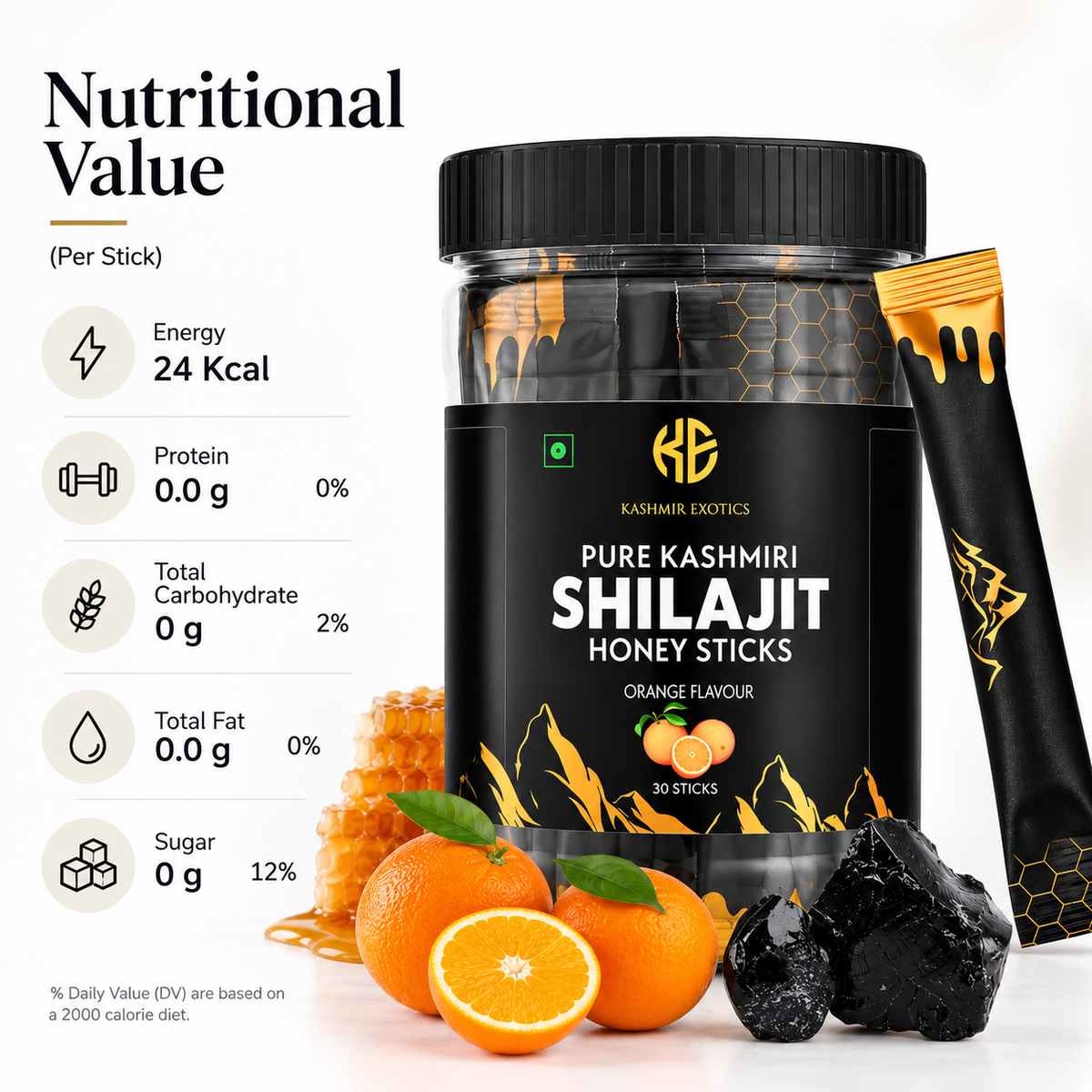 Pure Kashmiri Shilajit Honey stick Orange flavour (30 sticks)