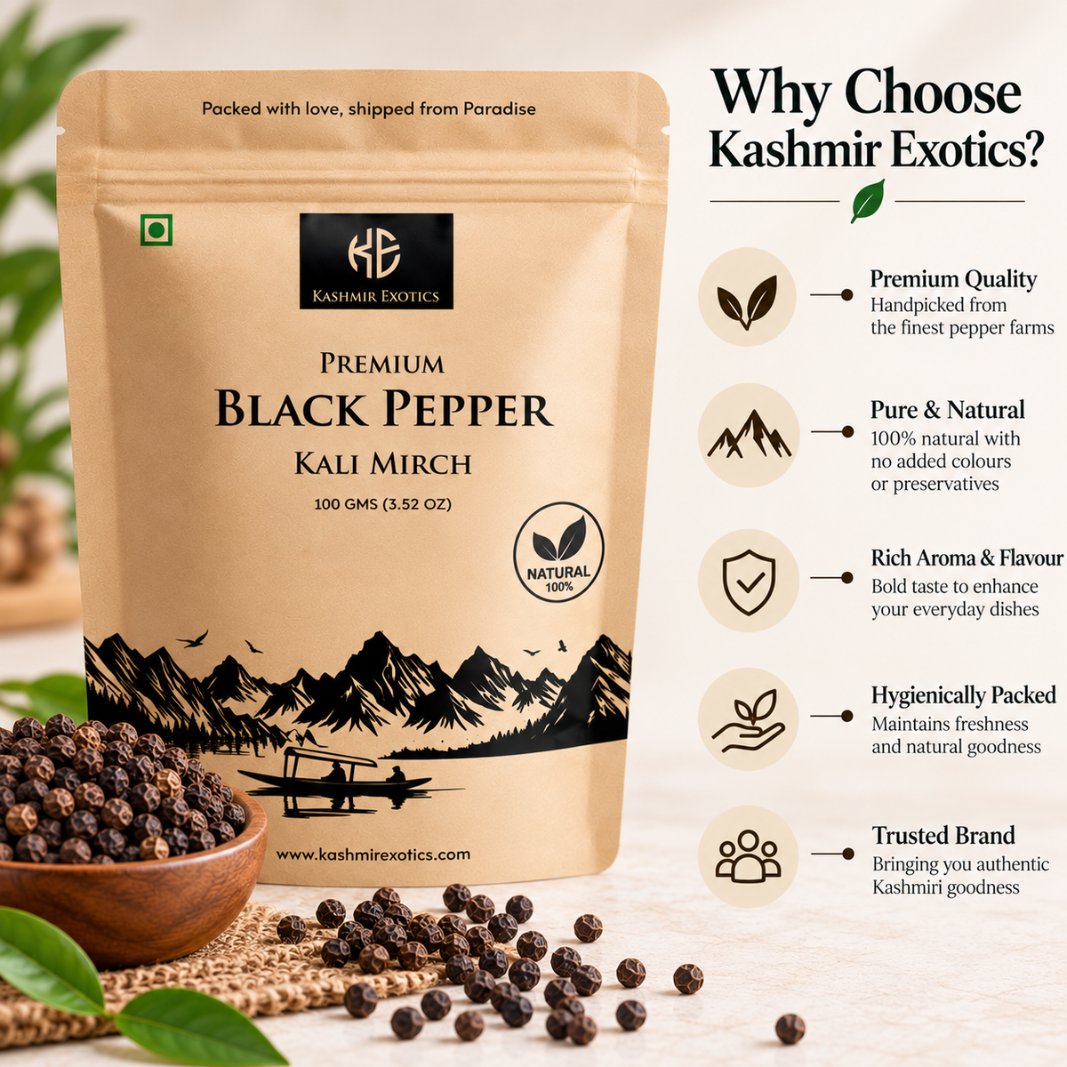 Premium Whole Black Pepper | Kali Mirch 100gm