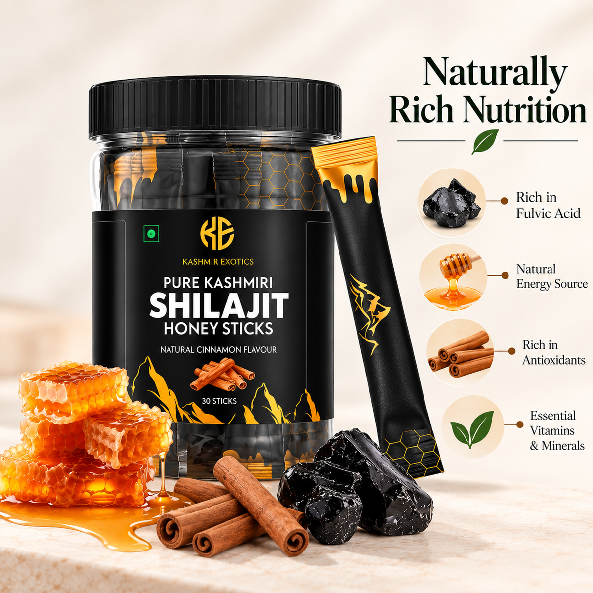 Pure Kashmiri Shilajit Honey stick Cinnamon flavour (30 sticks)