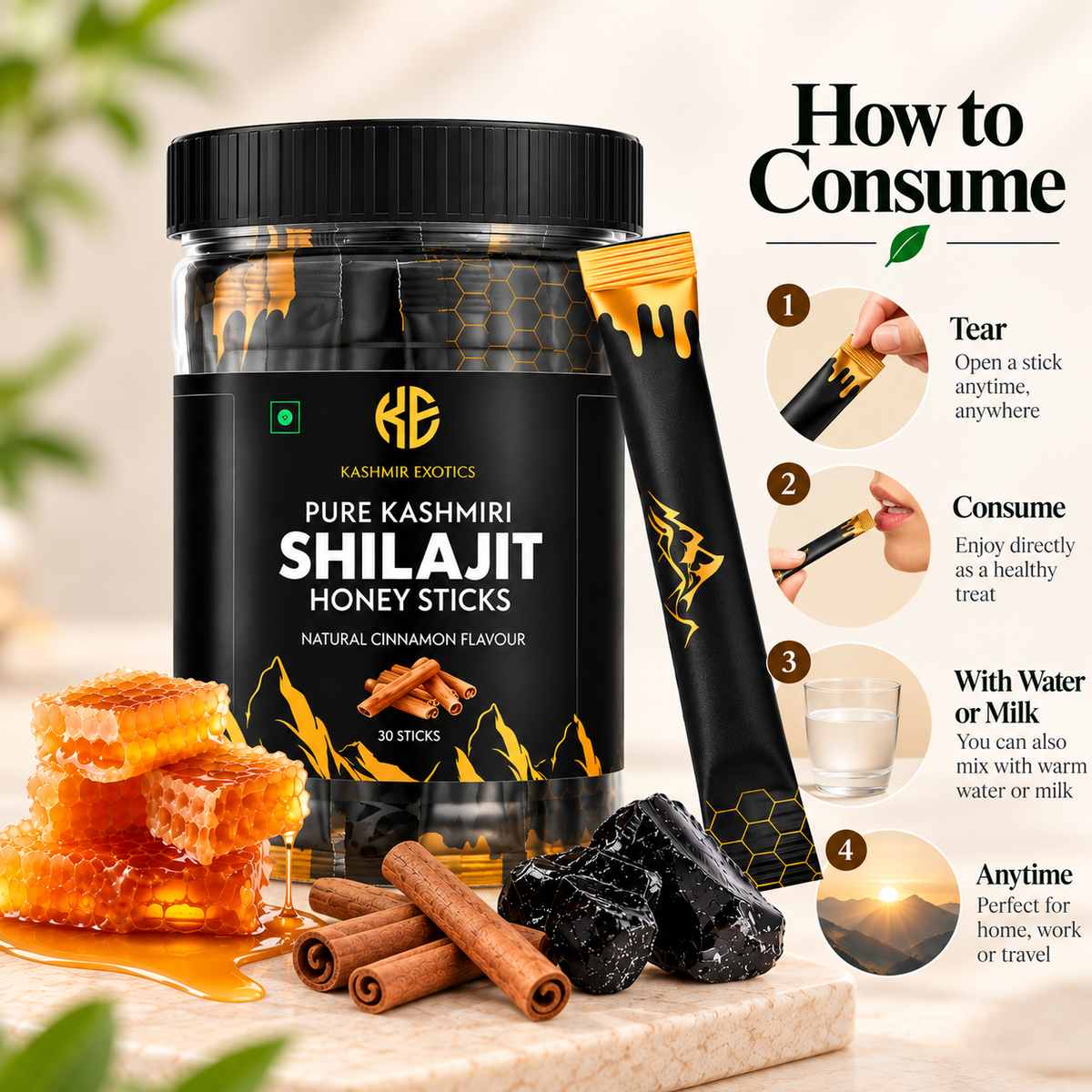 Pure Kashmiri Shilajit Honey stick Cinnamon flavour (30 sticks)