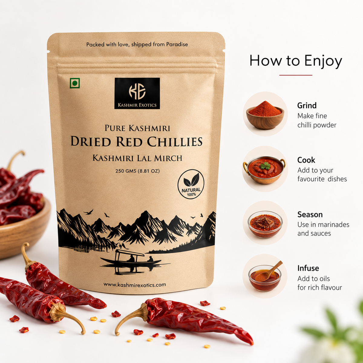 Kashmiri Dried Red Chillies (Kashmiri Lal Mirch) 250gm