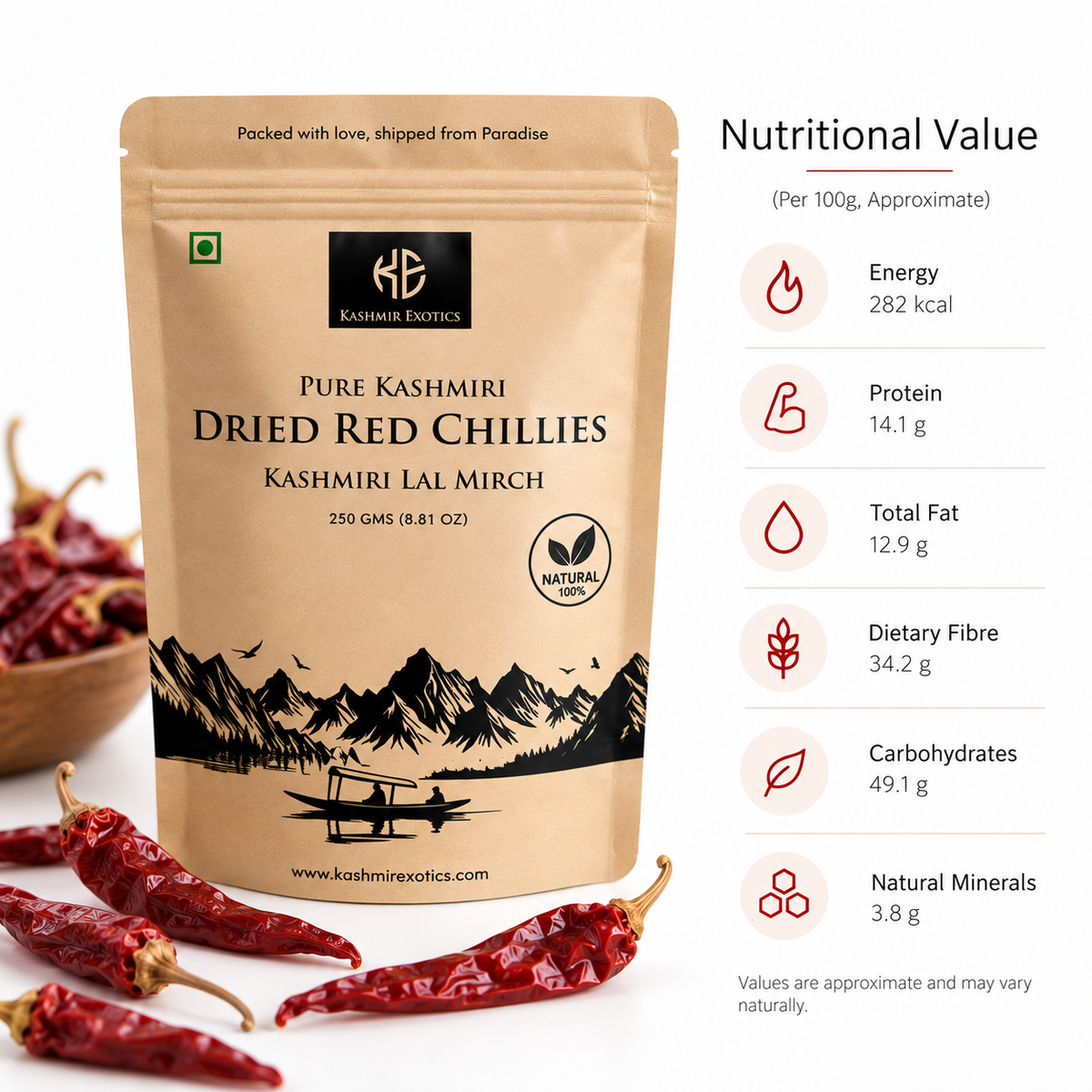 Kashmiri Dried Red Chillies (Kashmiri Lal Mirch) 250gm
