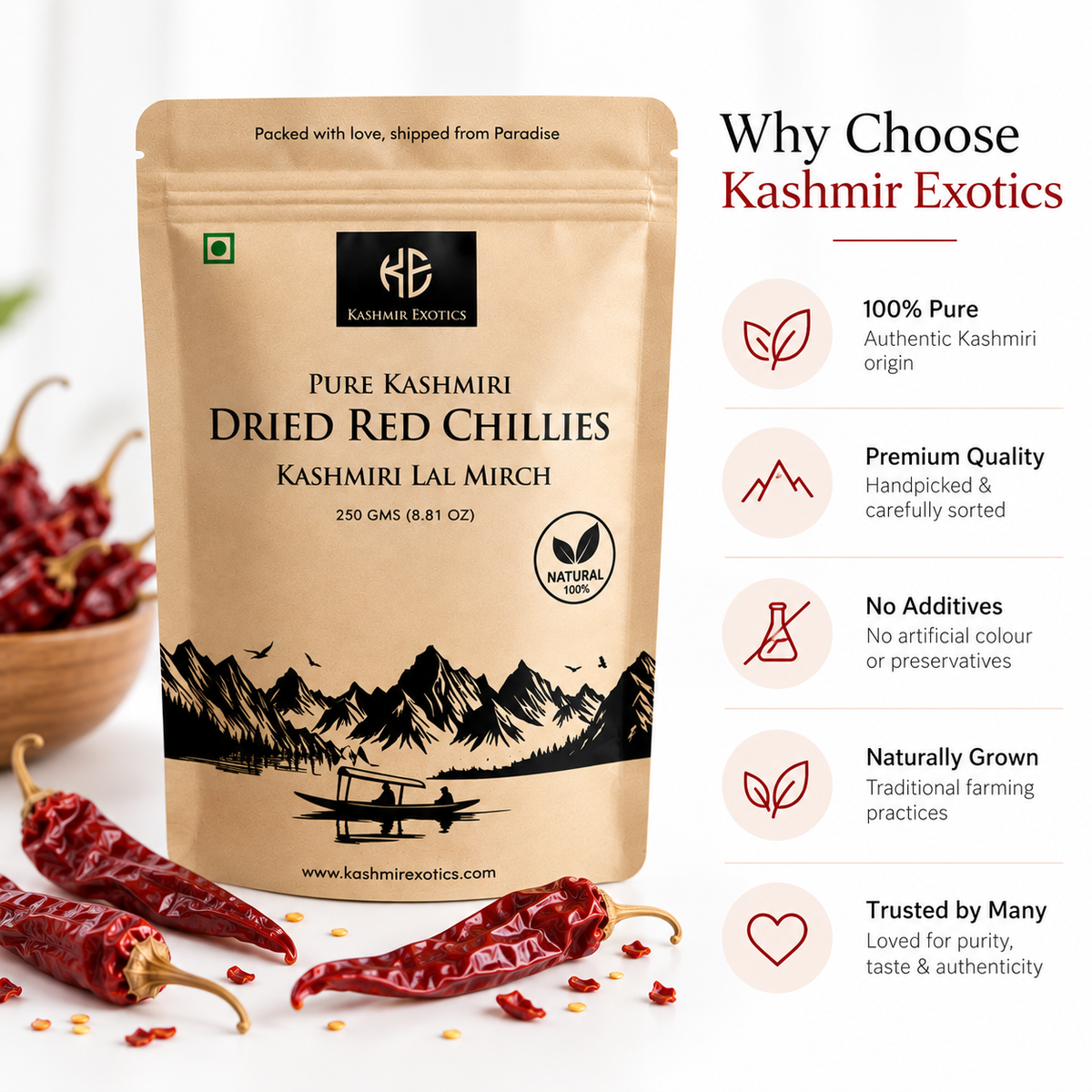 Kashmiri Dried Red Chillies (Kashmiri Lal Mirch) 250gm