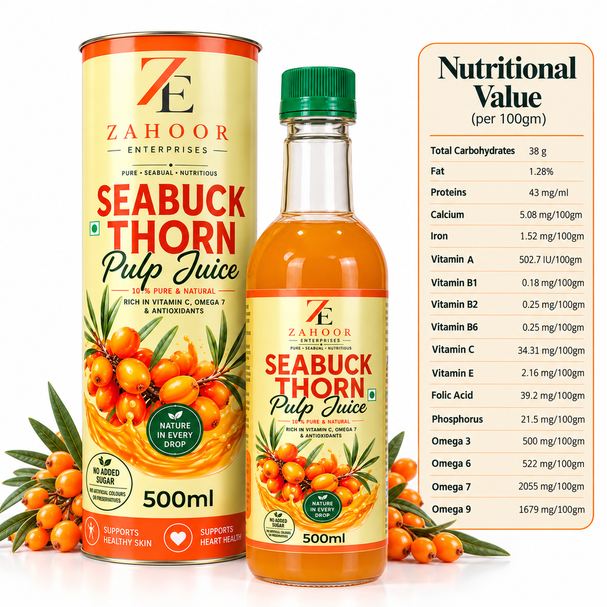 Natural Sea Buckthorn Pulp Juice Cold Pressed 500ml
