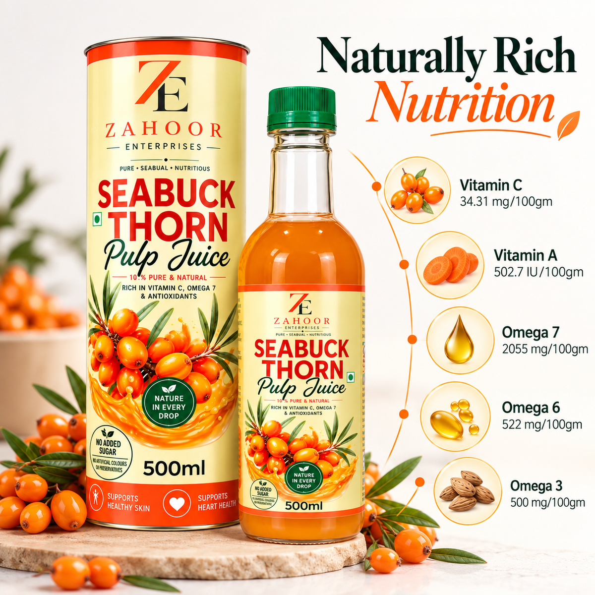Natural Sea Buckthorn Pulp Juice Cold Pressed 500ml