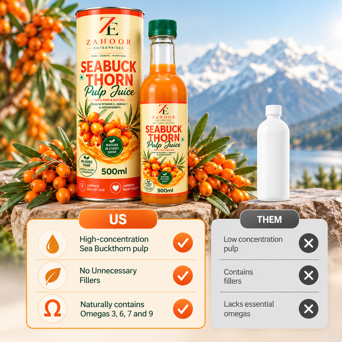 Natural Sea Buckthorn Pulp Juice Cold Pressed 500ml
