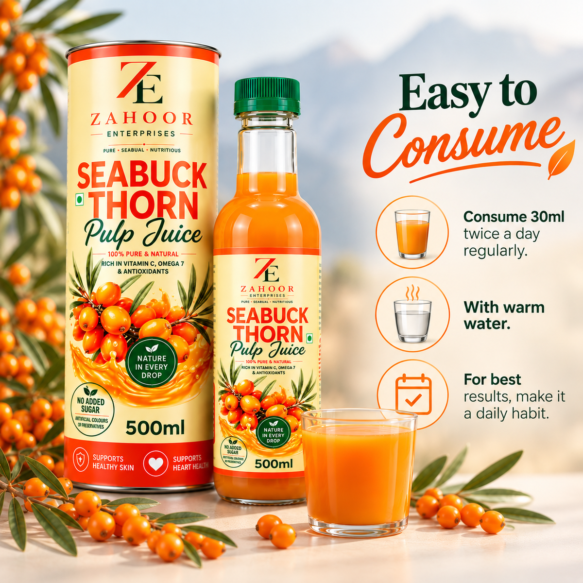 Natural Sea Buckthorn Pulp Juice Cold Pressed 500ml