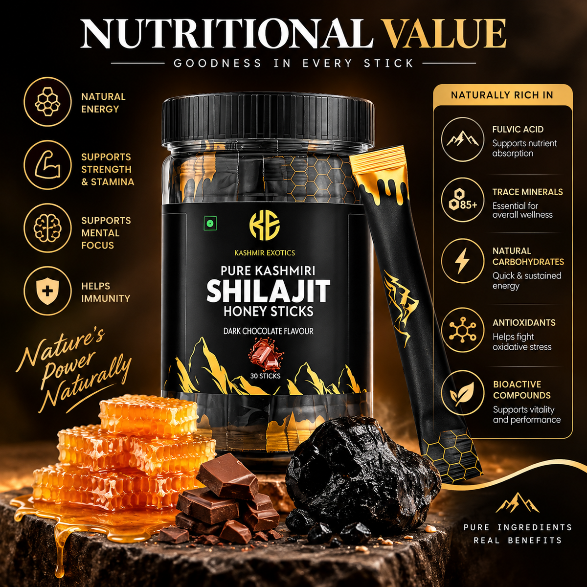 Pure Kashmiri Shilajit Honey stick Chocolate flavour (30 sticks)