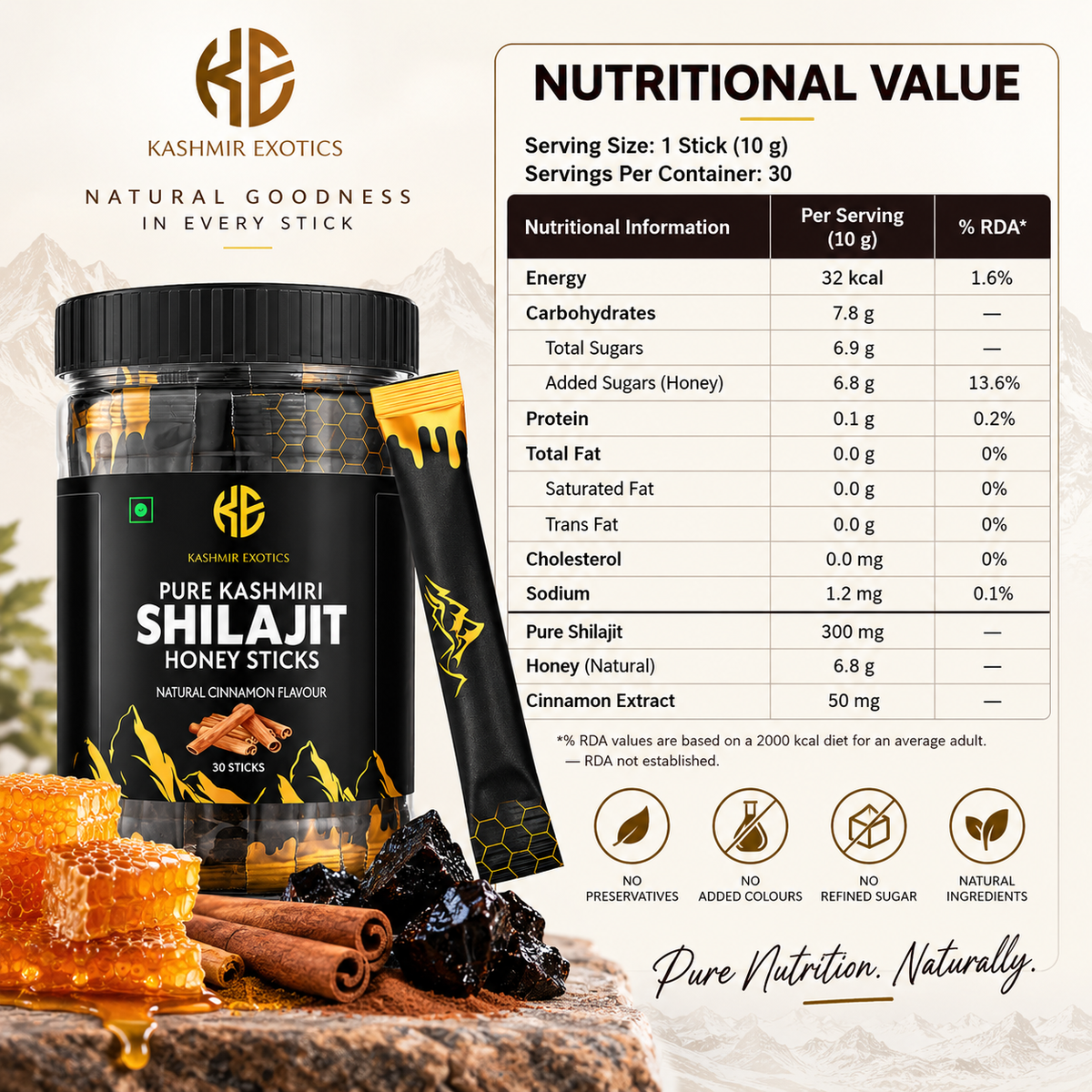 Pure Kashmiri Shilajit Honey stick Cinnamon flavour (30 sticks)