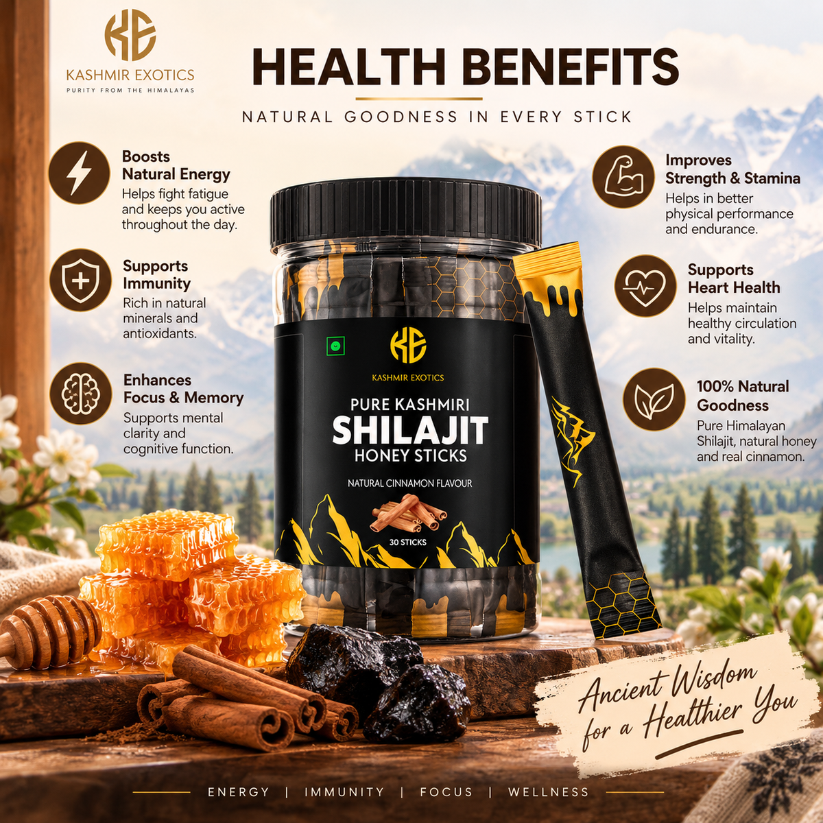 Pure Kashmiri Shilajit Honey stick Cinnamon flavour (30 sticks)