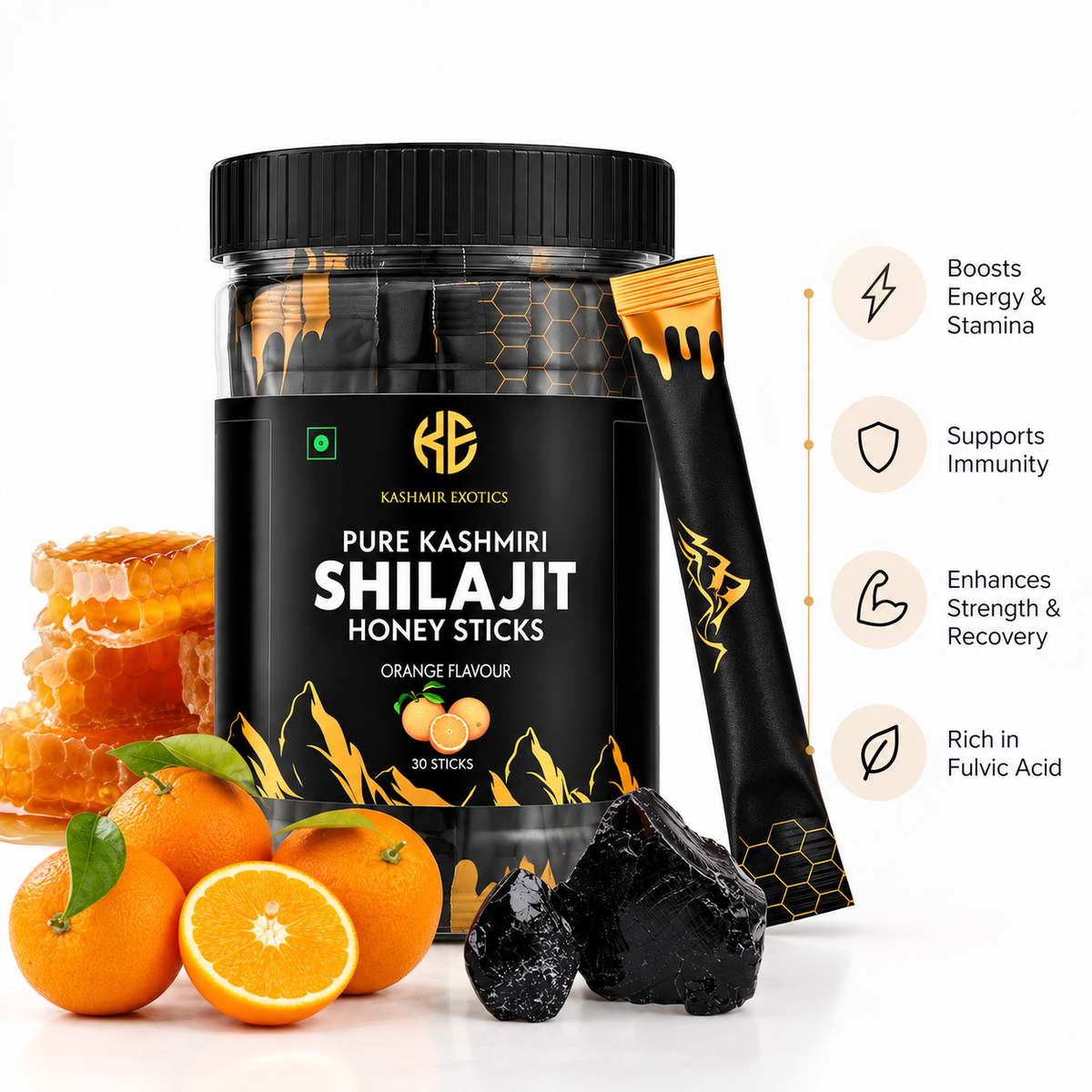 Pure Kashmiri Shilajit Honey stick Orange flavour (30 sticks)