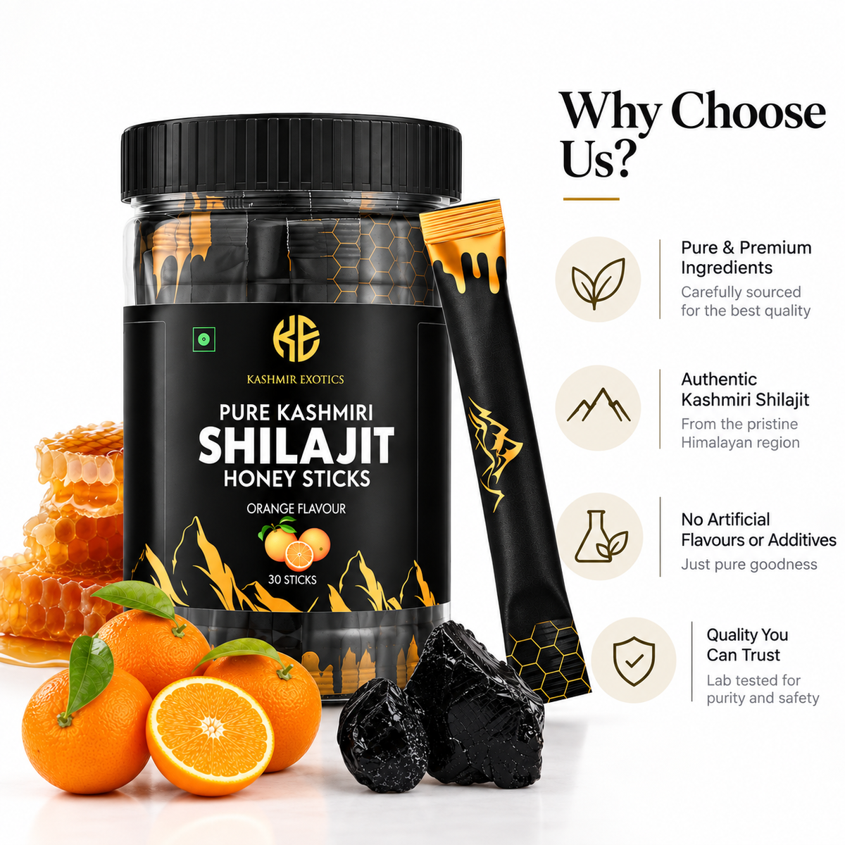 Pure Kashmiri Shilajit Honey stick Orange flavour (30 sticks)