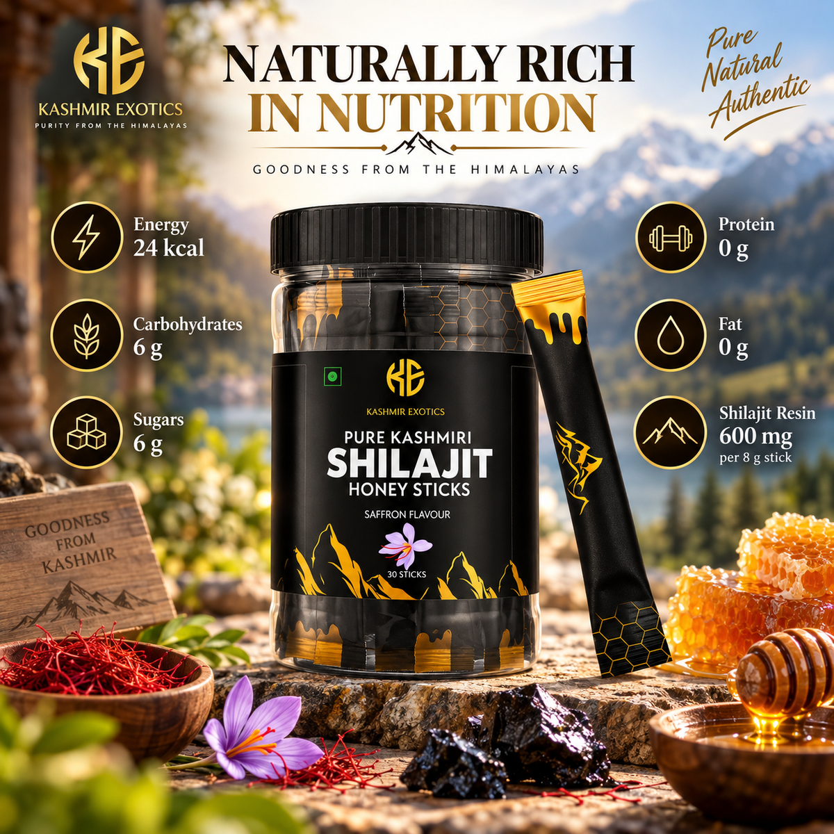 Pure Kashmiri Shilajit Honey stick Saffron flavour (30 sticks)