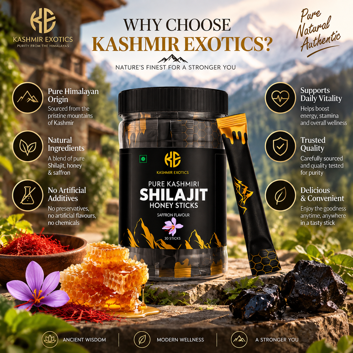 Pure Kashmiri Shilajit Honey stick Saffron flavour (30 sticks)