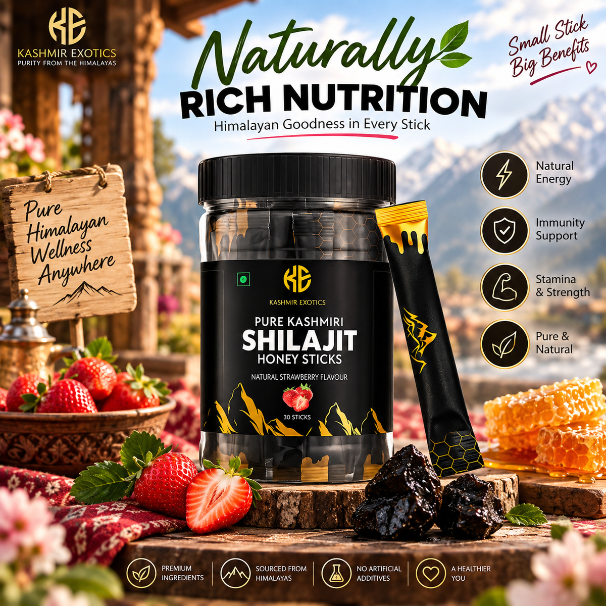 Pure Kashmiri Shilajit Honey stick Strawberry flavour (30 sticks)