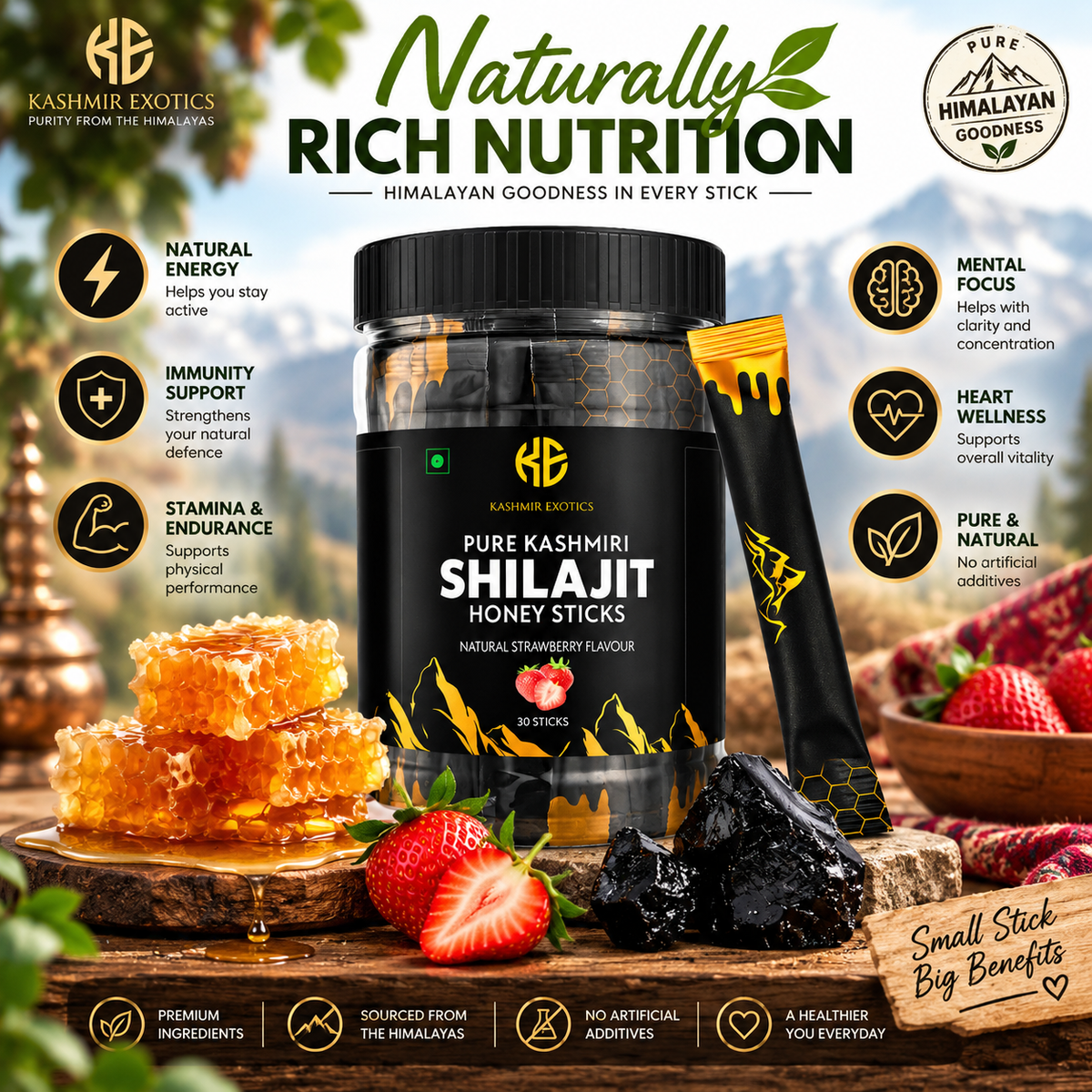 Pure Kashmiri Shilajit Honey stick Strawberry flavour (30 sticks)
