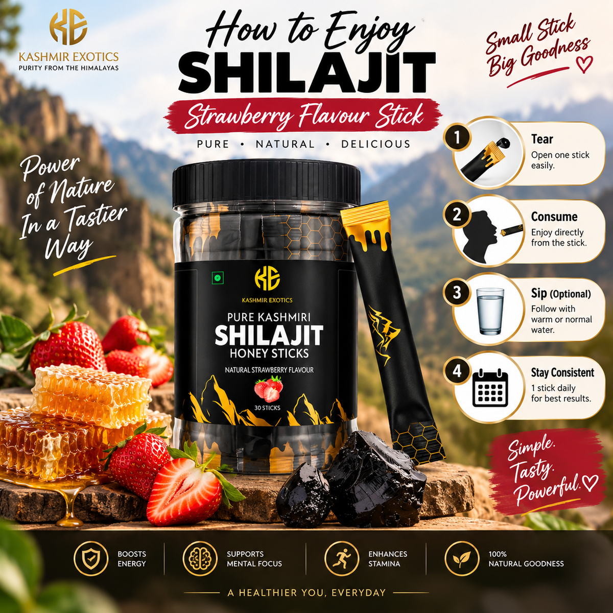 Pure Kashmiri Shilajit Honey stick Strawberry flavour (30 sticks)