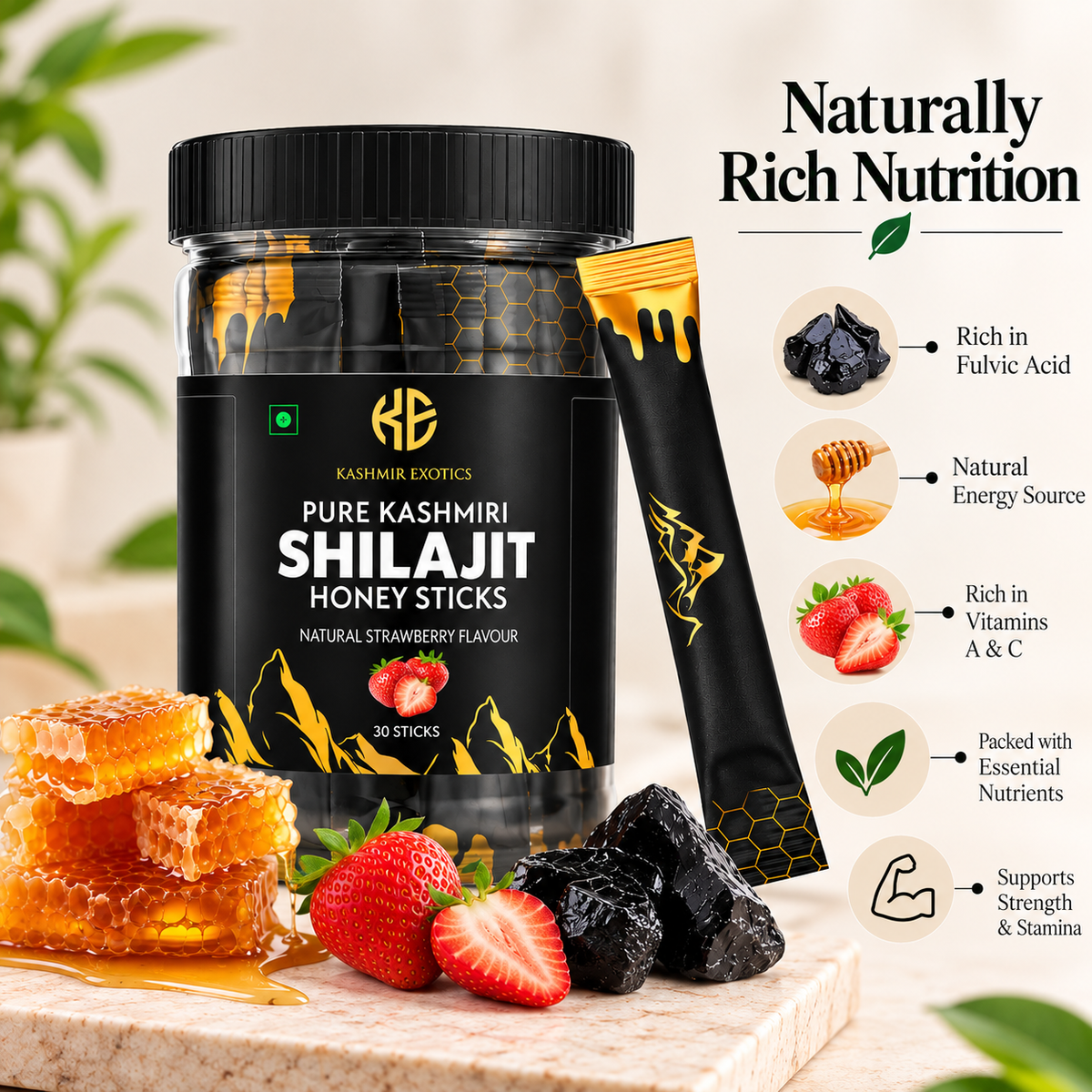 Pure Kashmiri Shilajit Honey stick Strawberry flavour (30 sticks)
