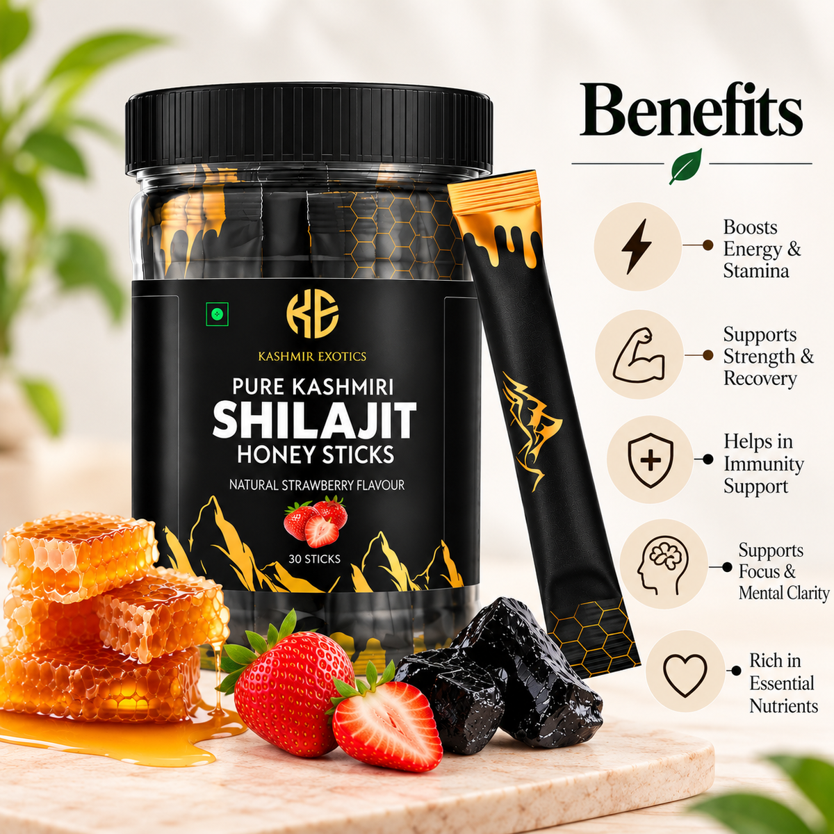 Pure Kashmiri Shilajit Honey stick Strawberry flavour (30 sticks)