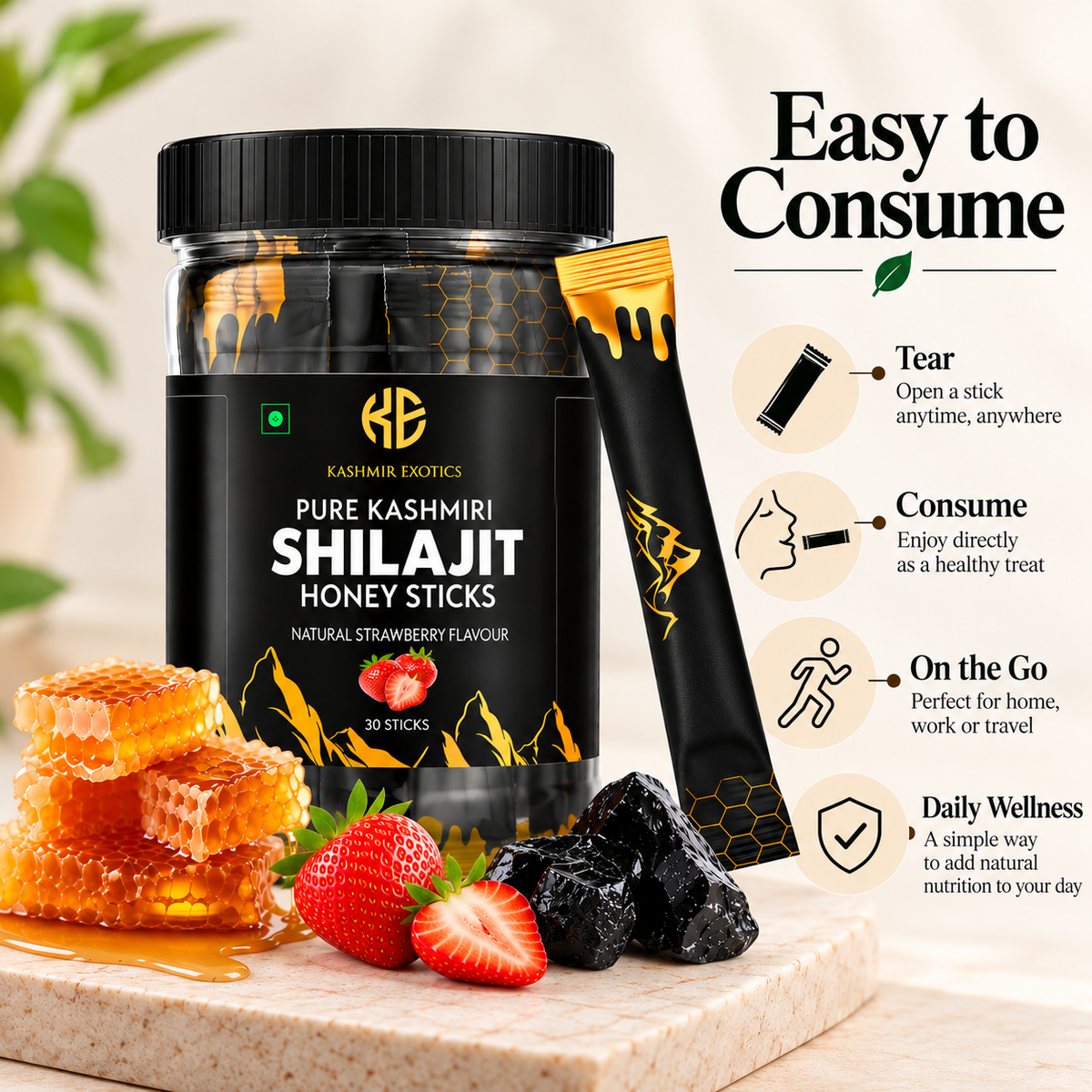 Pure Kashmiri Shilajit Honey stick Strawberry flavour (30 sticks)