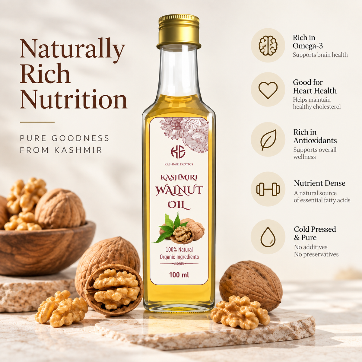 Pure Kashmiri Walnut Oil, 100% Natural, Organic Ingredients, 100 ml