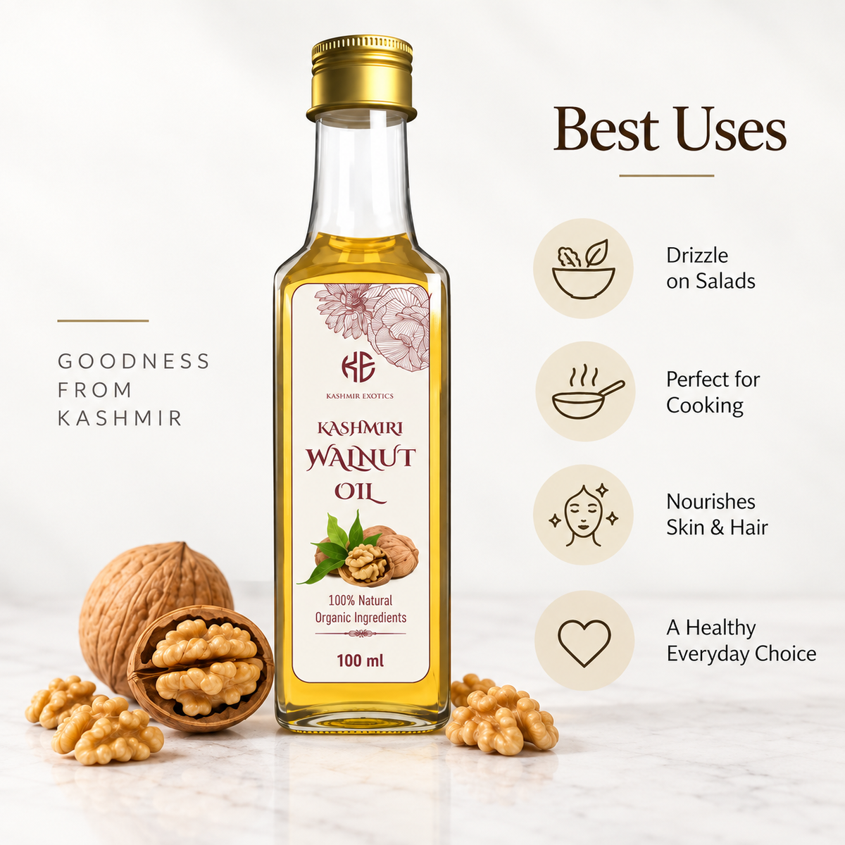 Pure Kashmiri Walnut Oil, 100% Natural, Organic Ingredients, 100 ml